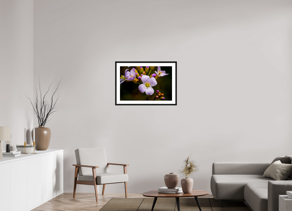 75 x 50 cm, Tirage photo métallisé sur papier Fuji Crystal Pearl avec cadre Hambourg 20mm, chêne noir Fleurs en poésie