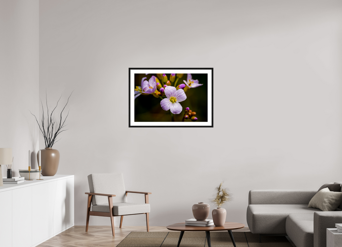 90 x 60 cm, Tirage photo métallisé sur papier Fuji Crystal Pearl avec cadre Hambourg 20mm, chêne noir Fleurs en poésie
